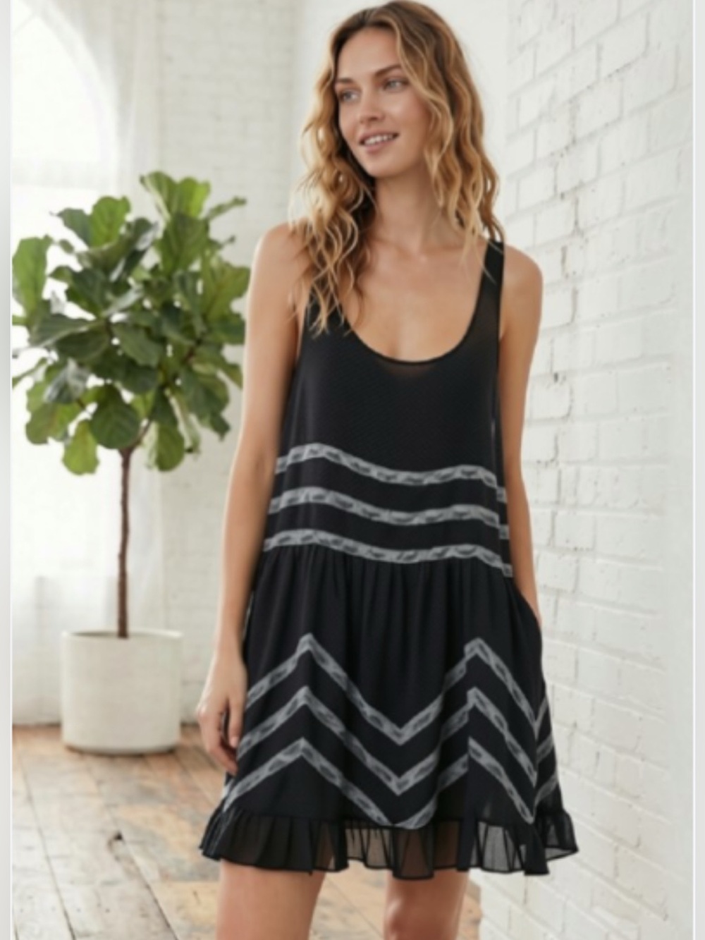 Free People Intimately Voile & Lace Trapeze Slip Mini Dress Black Dot S EUC